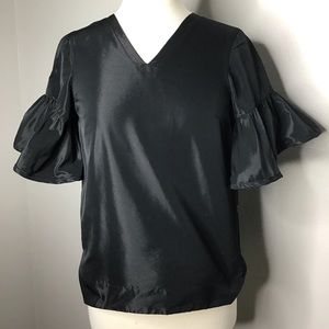 NOBLE 31 Black Satin V Neck Top Ruffle Sleeves USA XS